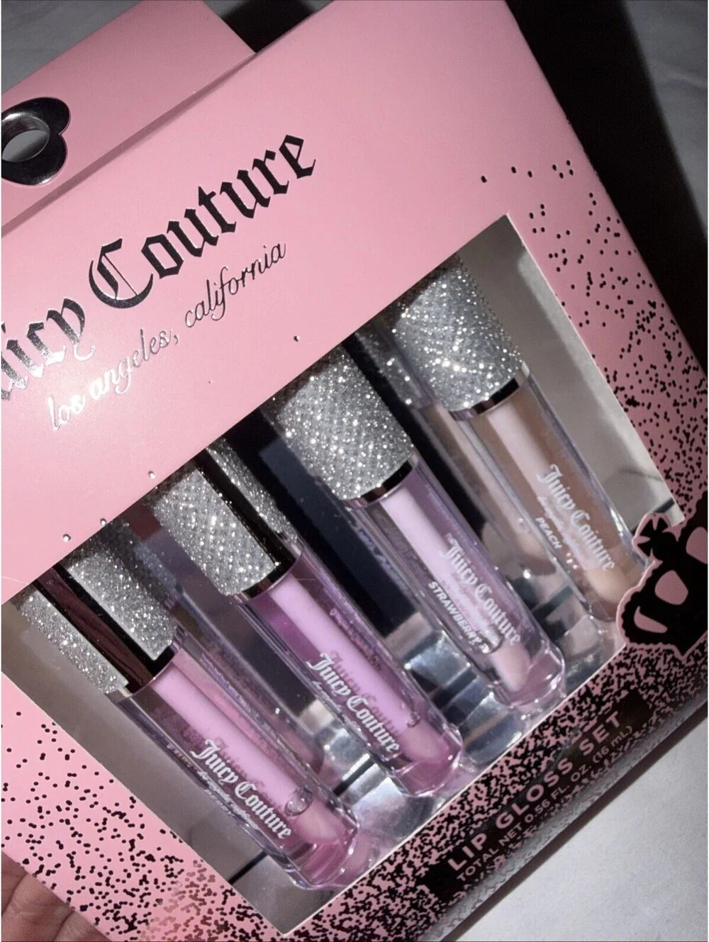 NEWJuicy Couture 4pc Lip Gloss Set Full Size Bling Top Peach Cherry Strawberry